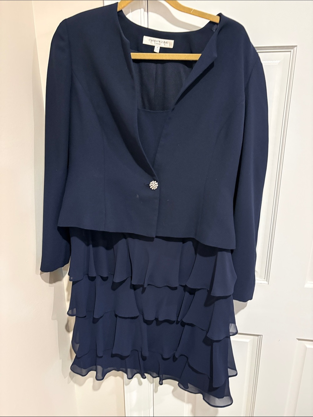 Evan Picone Navy Blue Tiered Chiffon Dress with Jacket